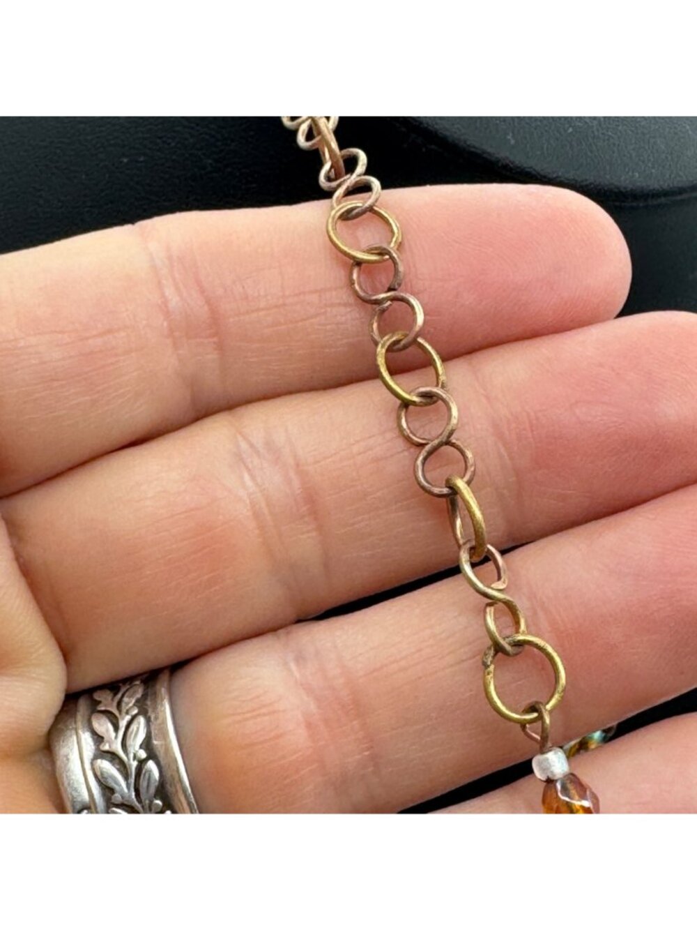 Vintage Choker Necklace Glass Beads Copper Chain Drop Elegant Bohemian Coquette - Picture 4 of 10